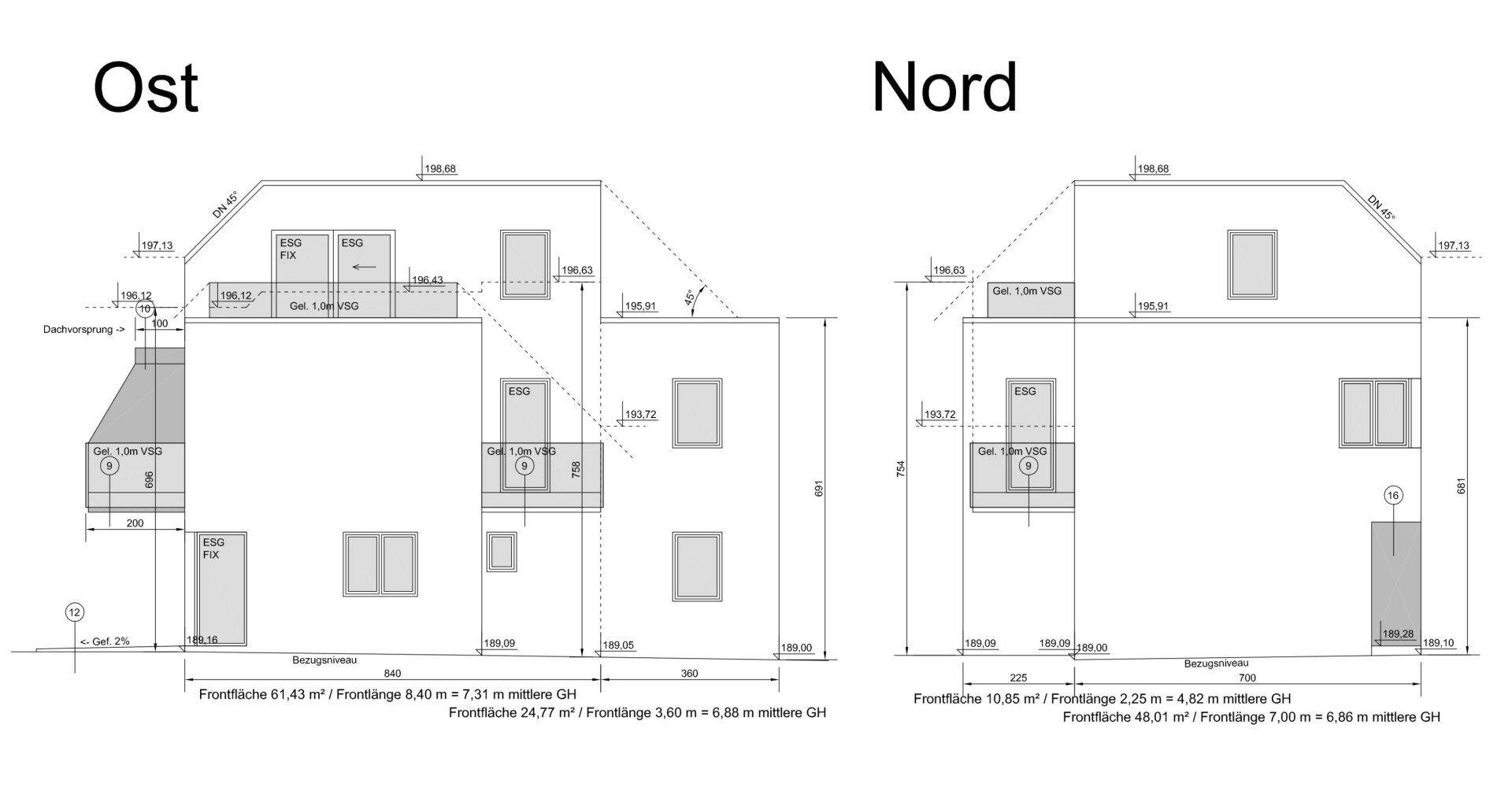 Ost- und Nordansicht des Gebäudes mit Fenstern und Dachform.