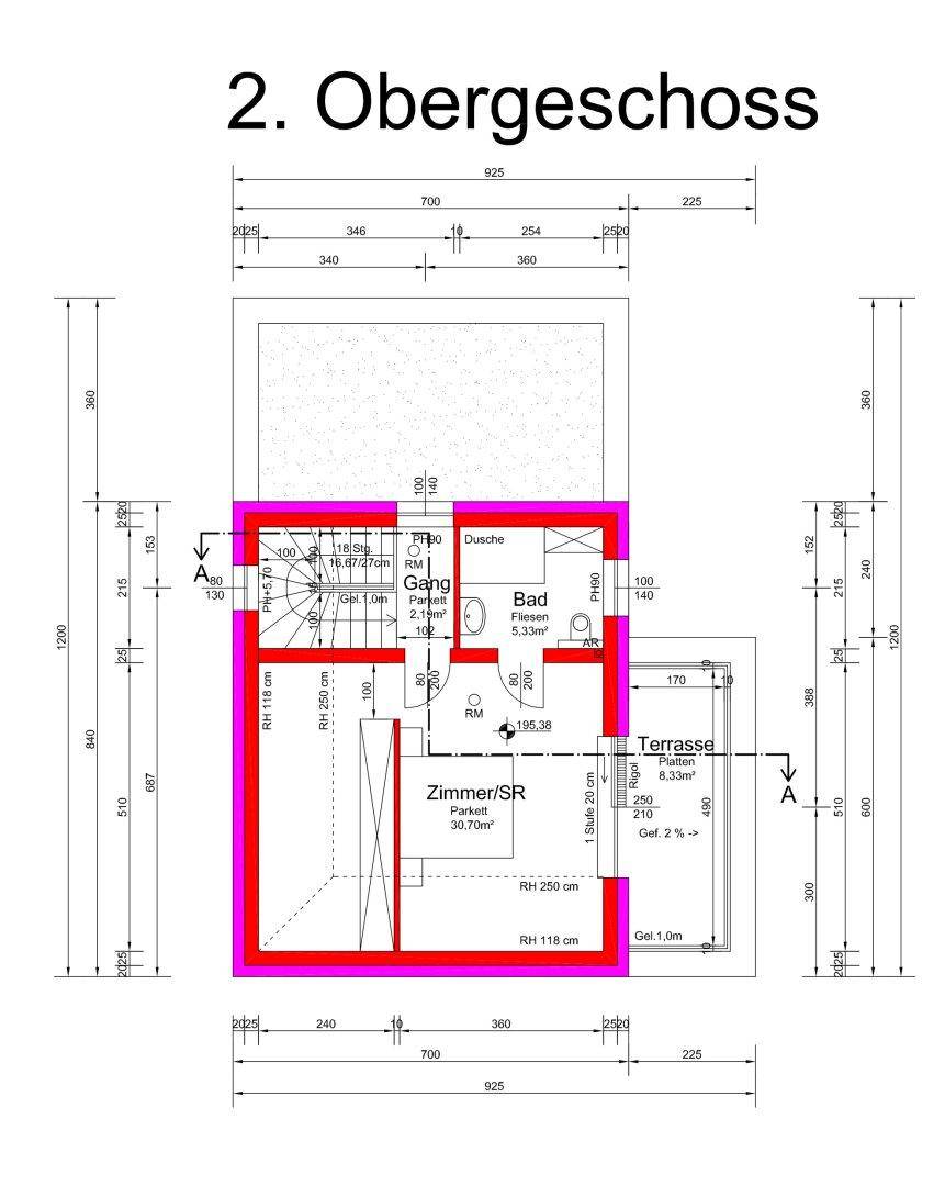 Grundriss des zweiten Obergeschosses mit Zimmer, Bad und großer Terrasse.