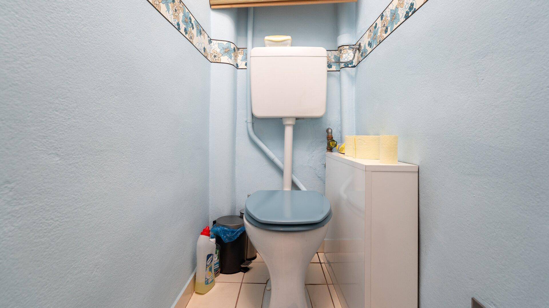 Separates WC mit hellblauen Wänden und einem Fenster, einfach und funktional gestaltet.