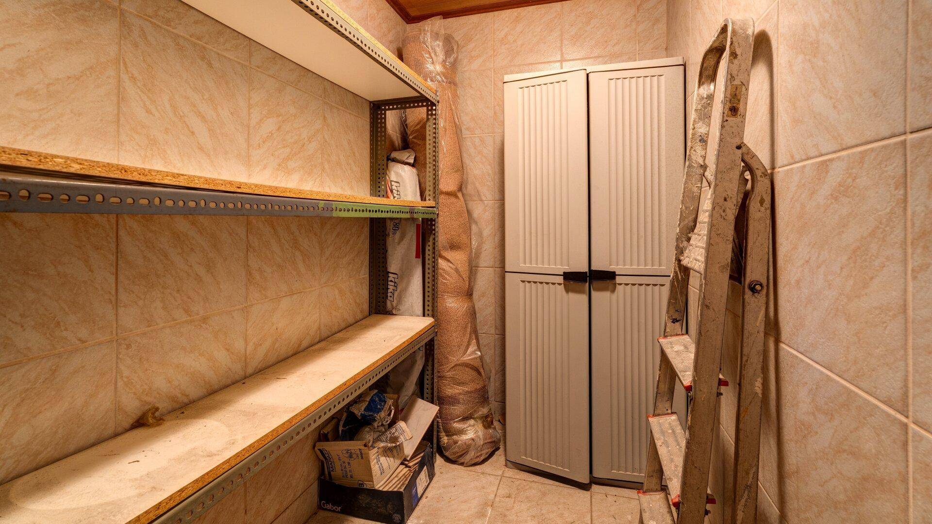 Praktischer Abstellraum mit Regalen und einem Kunststoffschrank für zusätzlichen Stauraum und Ordnung.