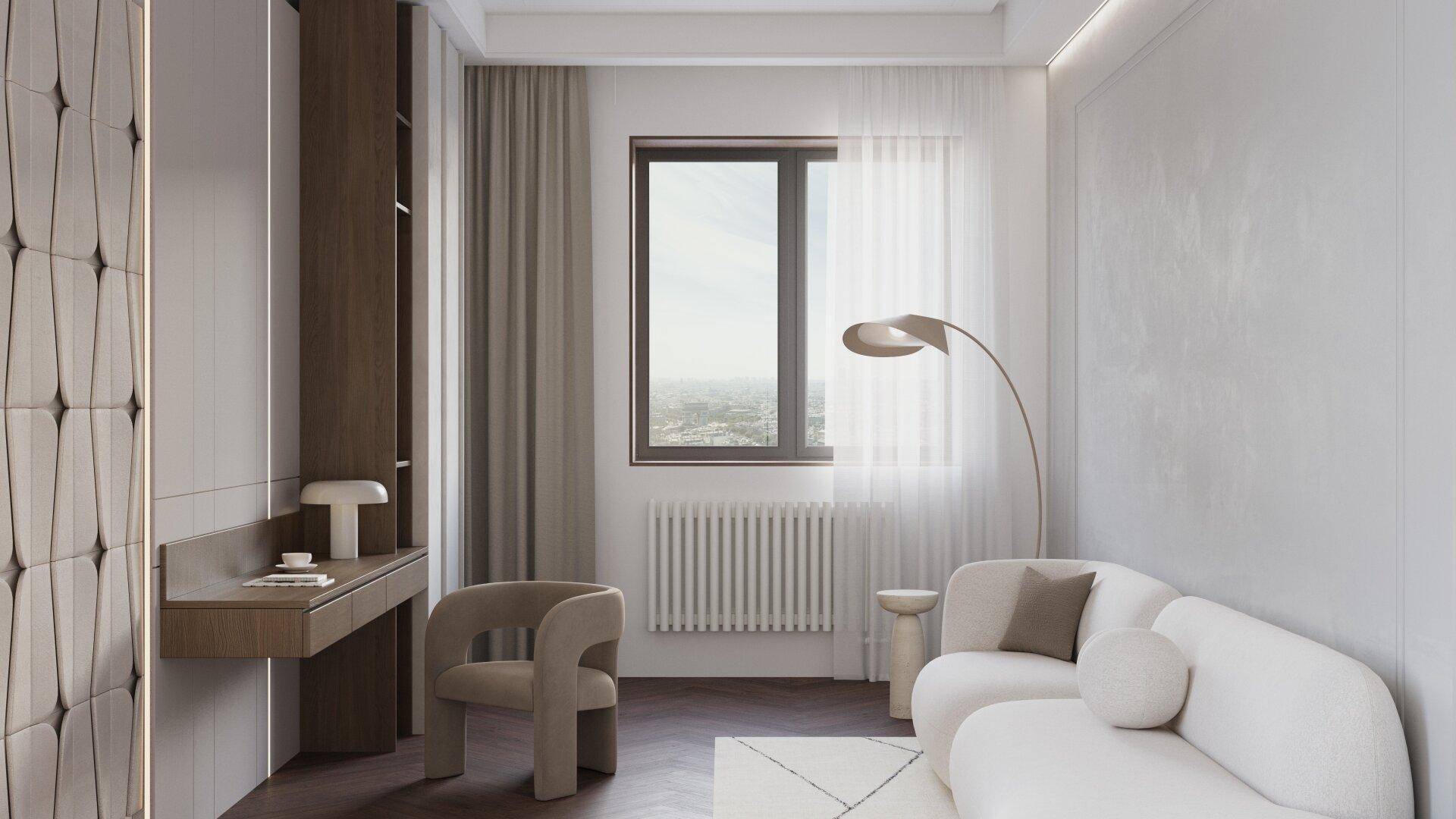 Heller Wohnbereich mit modernem Sofa, Schreibtisch und großem Fenster.