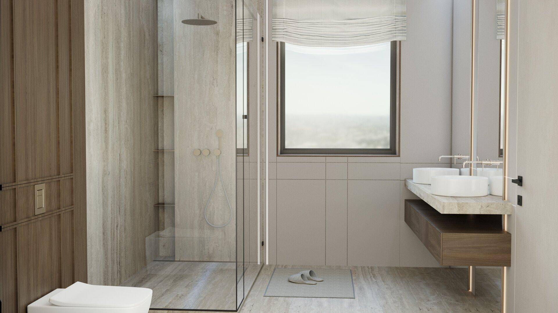 Modernes Badezimmer mit begehbarer Dusche, Doppelwaschbecken und hellen Fliesen.