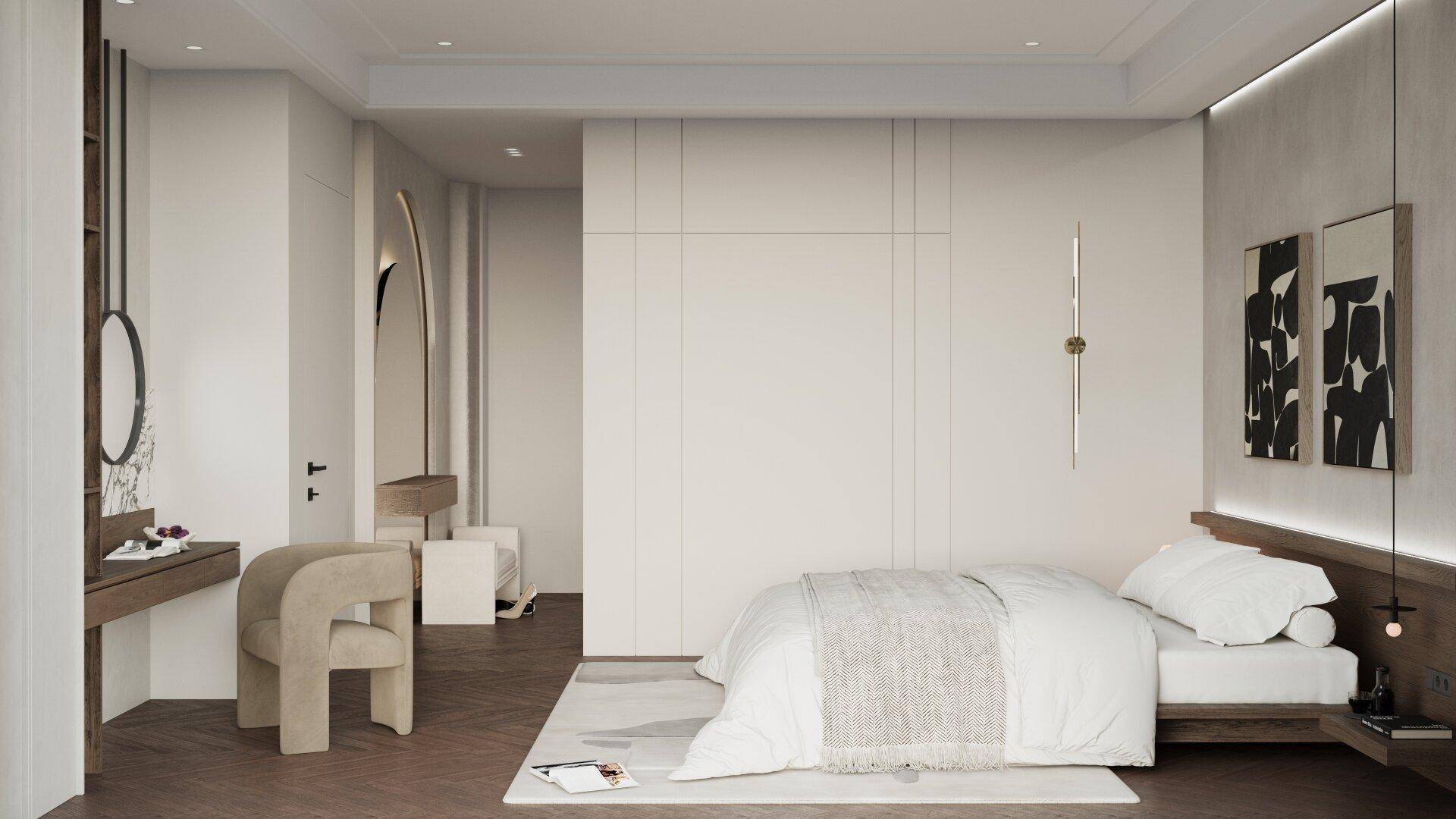 Elegantes Schlafzimmer mit großem Bett, integrierten Schränken und stilvoller Einrichtung.