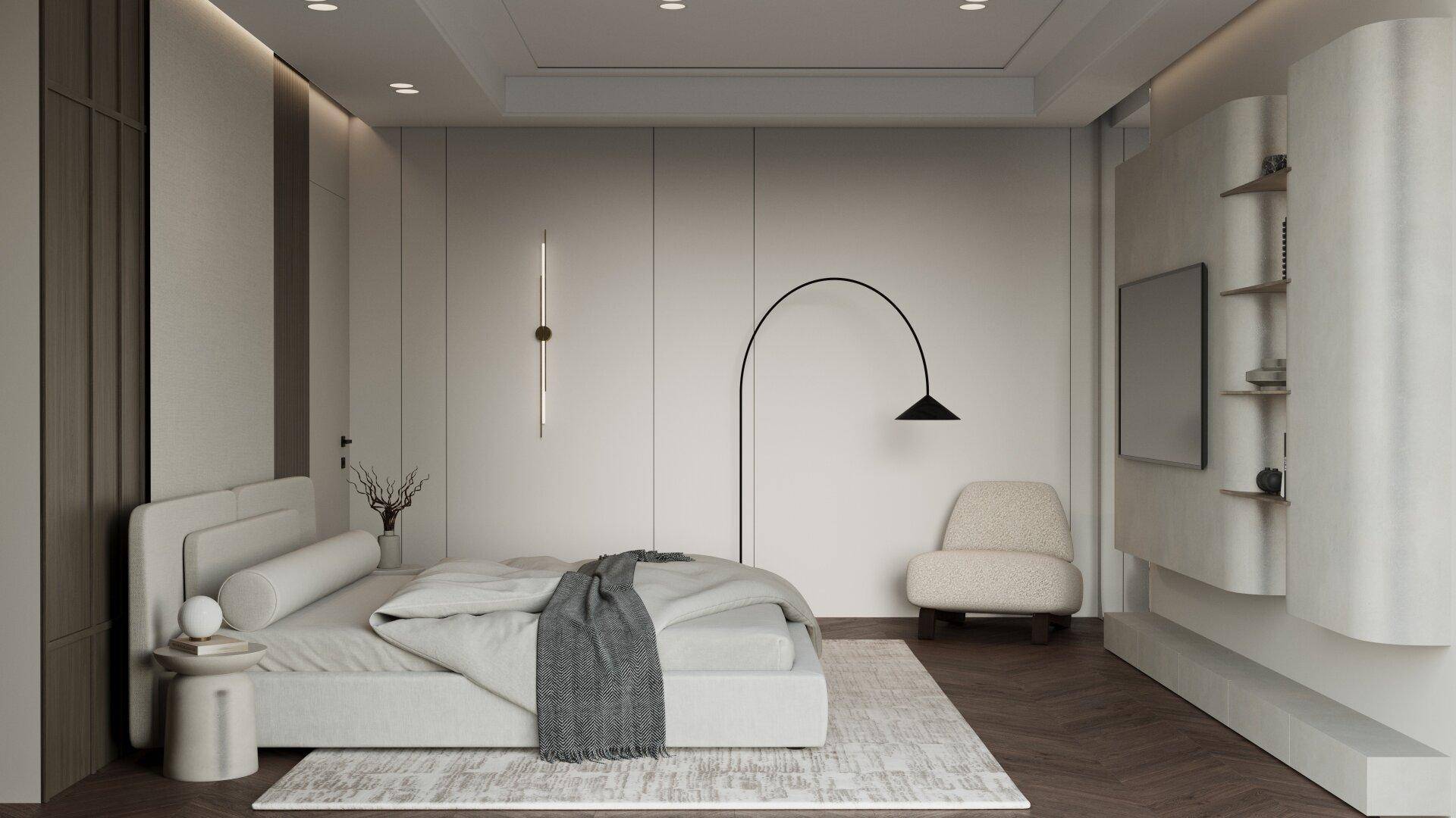 Geräumiges Schlafzimmer mit modernem Bett, Fernseher und minimalistischer Beleuchtung.