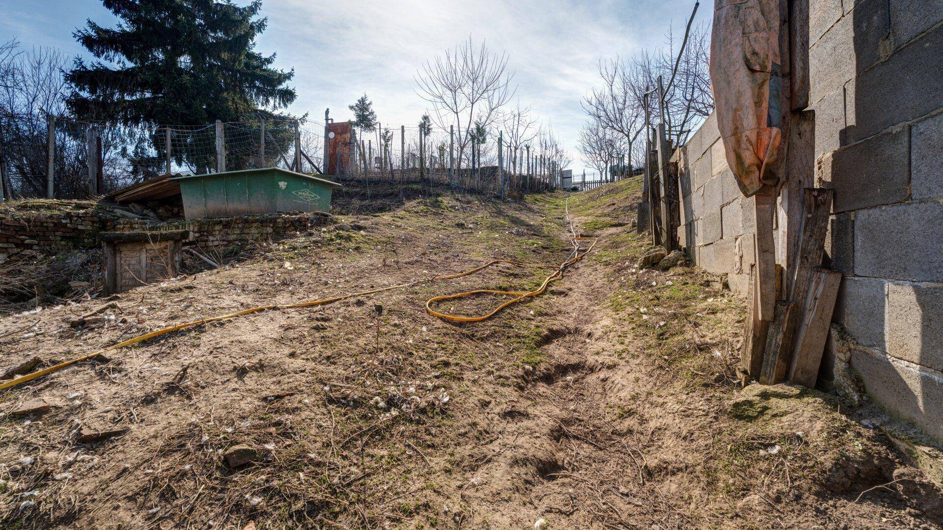Länglicher Gartenbereich in Hanglage mit Bewässerungsschlauch und angrenzender Mauer.