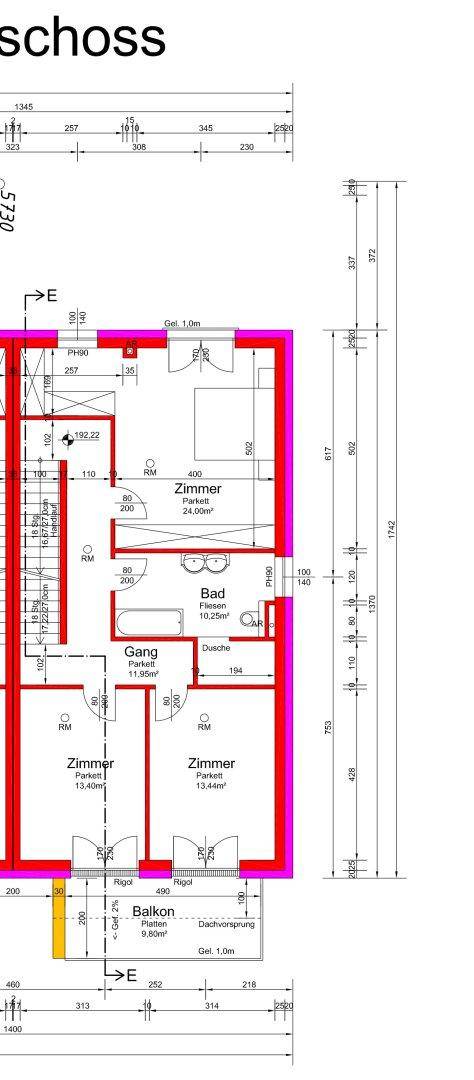 Grundriss des Obergeschosses mit drei Zimmern, Bad und Balkon.