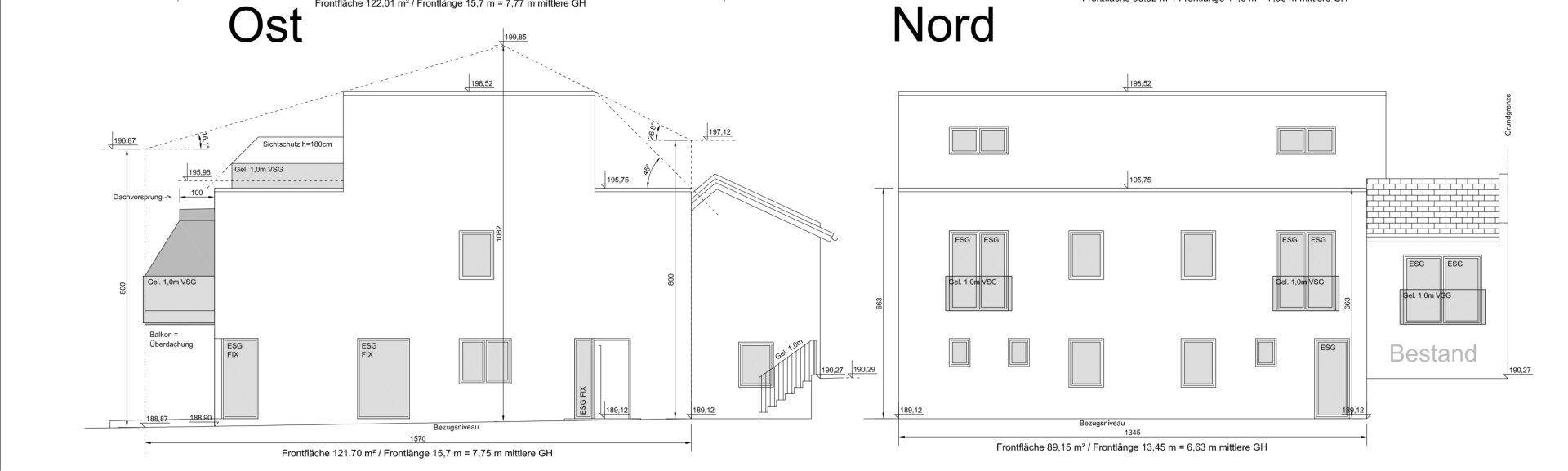 Architektonische Ansichten Ost und Nord des Gebäudes mit Balkonen.