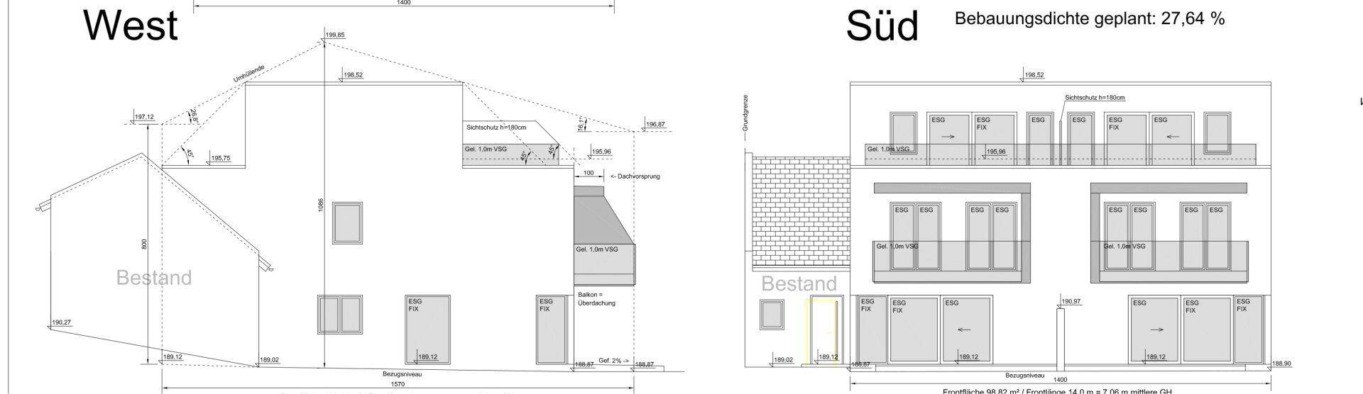 Ansichten West und Süd des Gebäudes mit Balkonen, Terrassen und großen Fensterfronten.