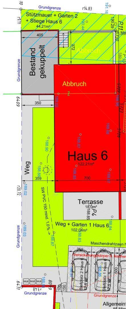 Lageplan des Grundstücks mit Haus 6, Terrasse, Gartenbereich und ausgewiesenen Parkplätzen.