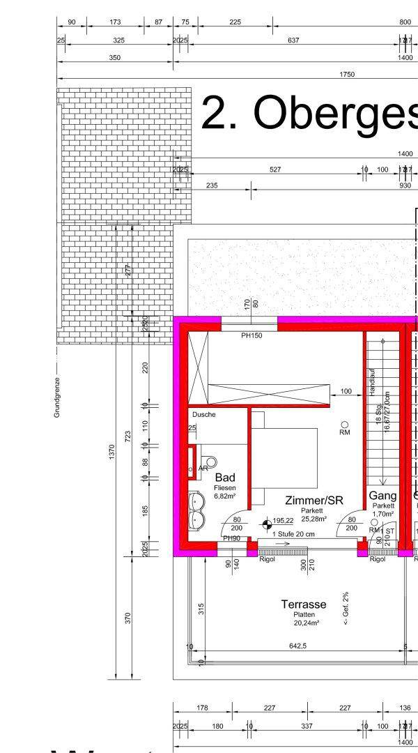 Grundriss des zweiten Obergeschosses mit einem Zimmer, Bad und einer großen Dachterrasse.