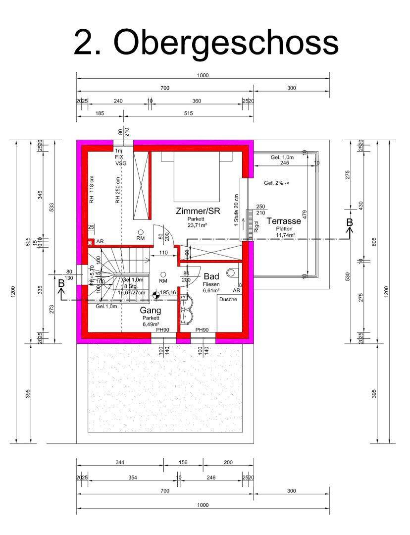 Grundriss des zweiten Obergeschosses mit einem Zimmer, Bad und einer großen Dachterrasse.