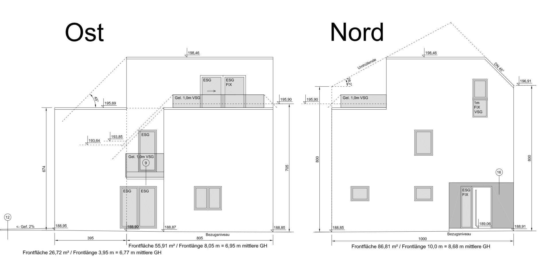 Architektonische Ansichten der Ost- und Nordfassade des Gebäudes mit großen Fenstern und Balkonen.