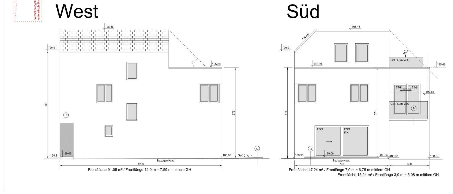 Architektonische Ansichten der West- und Südfassade des Gebäudes mit verschiedenen Dachformen.
