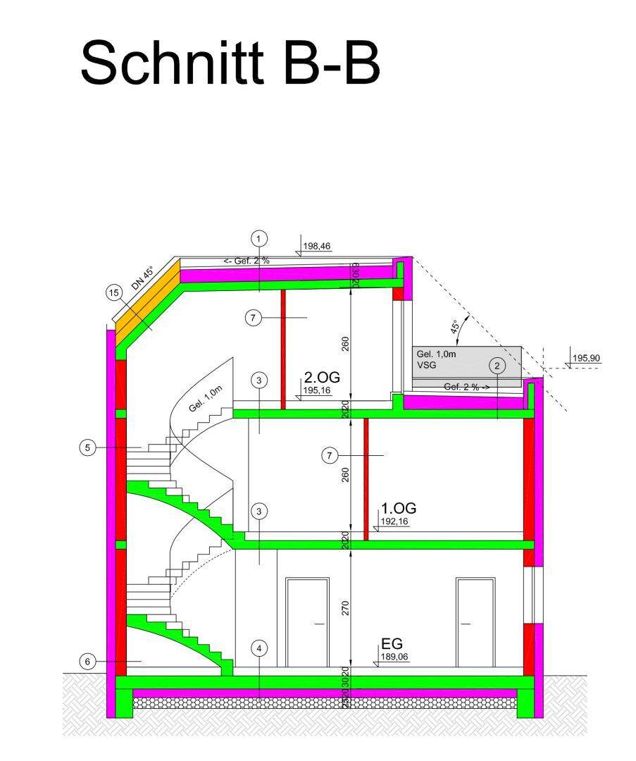 Gebäudeschnitt B-B zeigt die Geschosse, Treppen und die Dachneigung des Hauses.