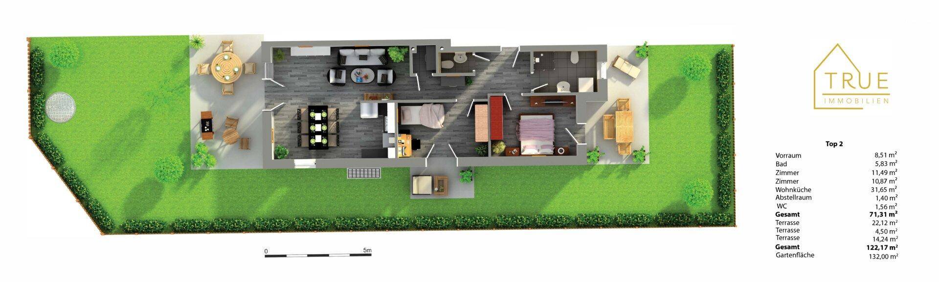 Grundriss für Top 2 mit Garten, Terrasse und offenem Wohnbereich.