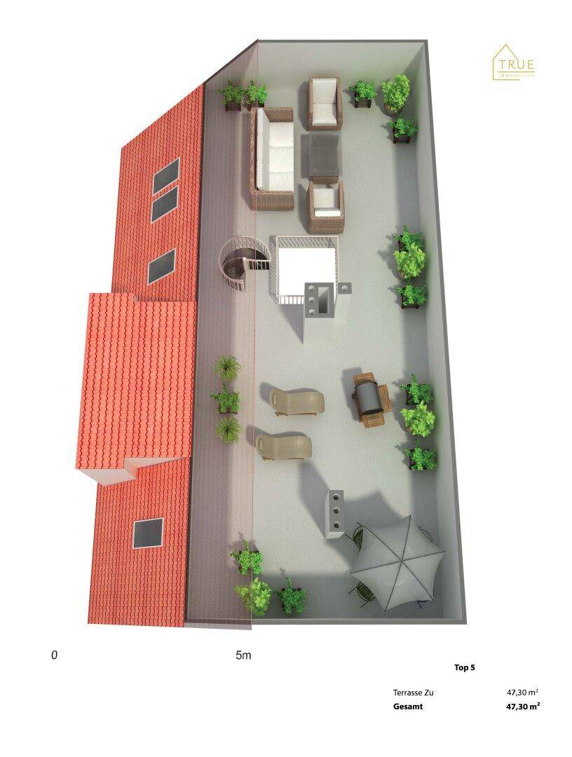 3D-Grundriss der Dachterrasse für Top 5 mit Sitzbereichen und Pflanzen.