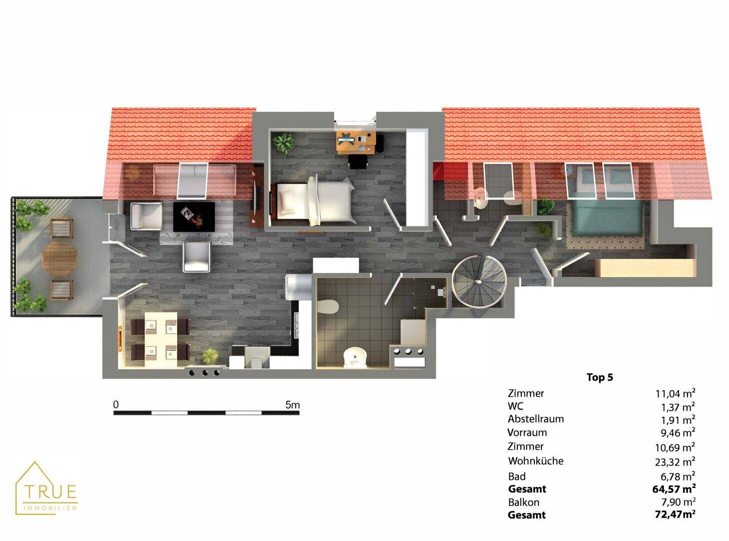 Grundriss für Top 5 mit Balkon, Wendeltreppe und offenem Wohnbereich.