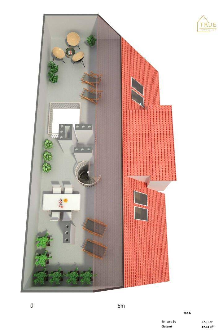 3D-Grundriss der Dachterrasse für Top 6 mit Ess- und Liegebereichen.
