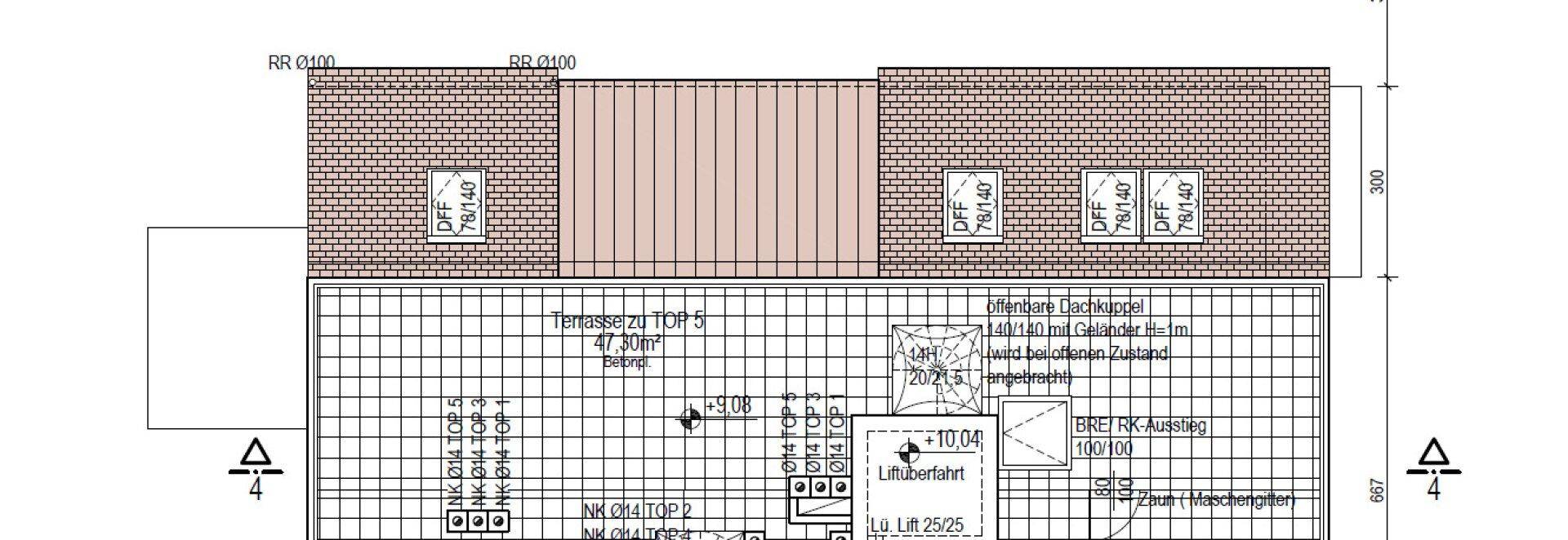 Dachaufsicht mit großer Dachterrasse und installierten Solarpaneelen für TOP 5.