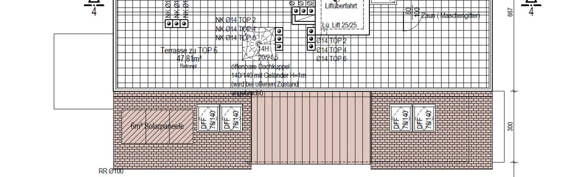 Dachaufsicht mit großer Dachterrasse und installierten Solarpaneelen für TOP 6.