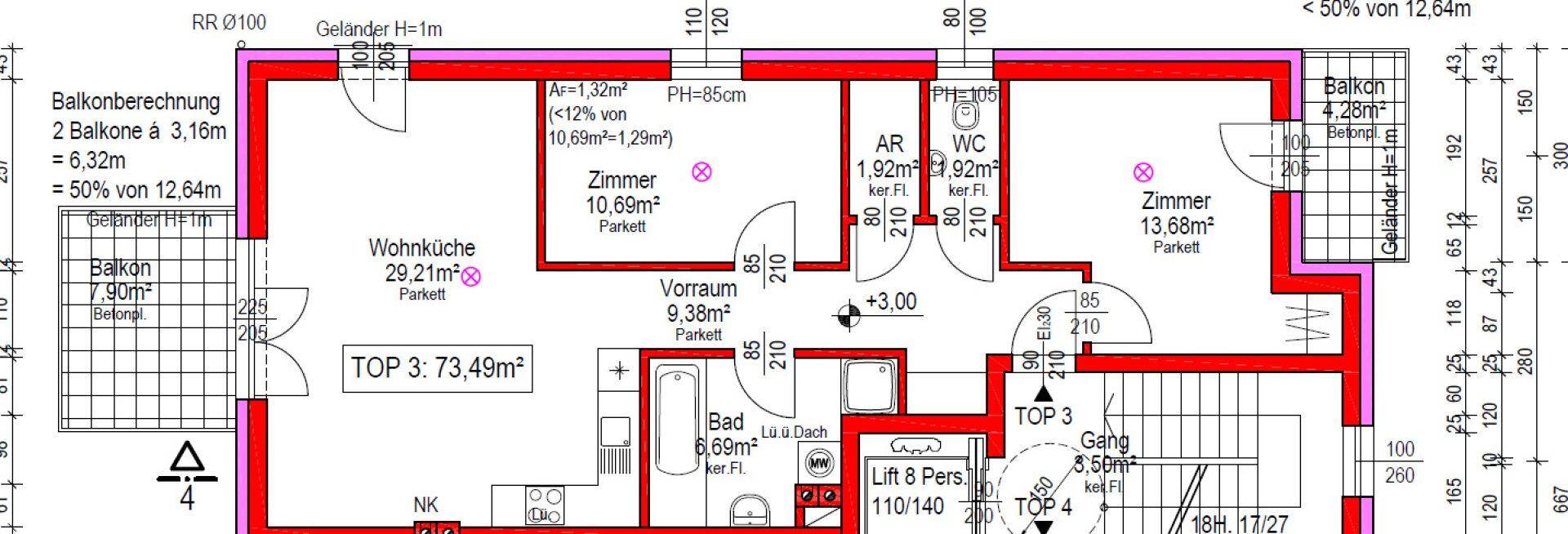 Grundriss einer Wohnung mit Wohnküche, zwei Balkonen, Bad, Gäste-WC und Aufzugzugang.