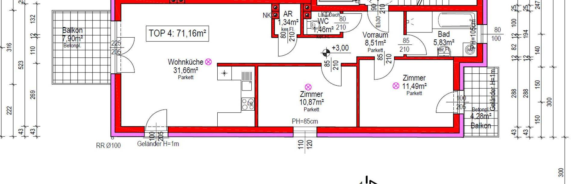 Grundriss einer Wohnung mit Wohnküche, Balkon, Bad und separatem Gäste-WC.