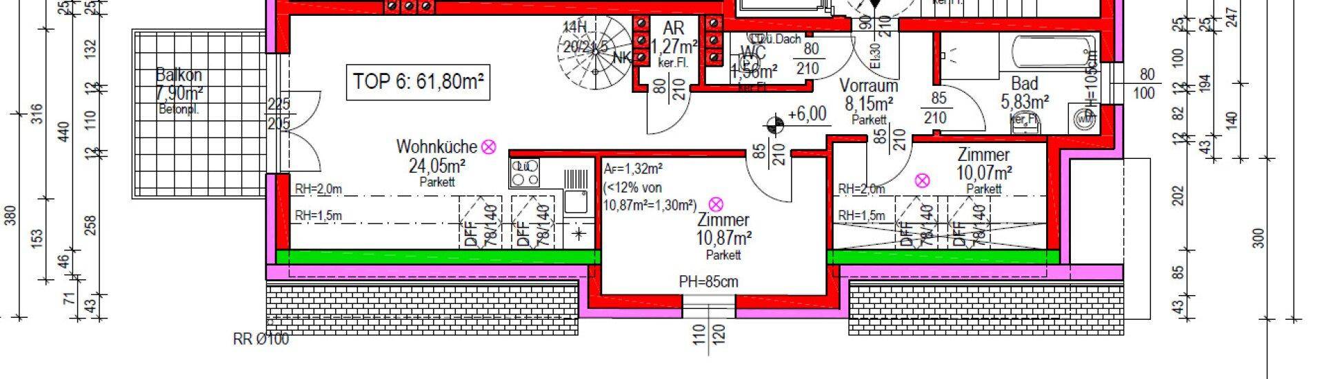Grundriss einer Wohnung mit Wohnküche, Balkon, Bad und separatem Gäste-WC.