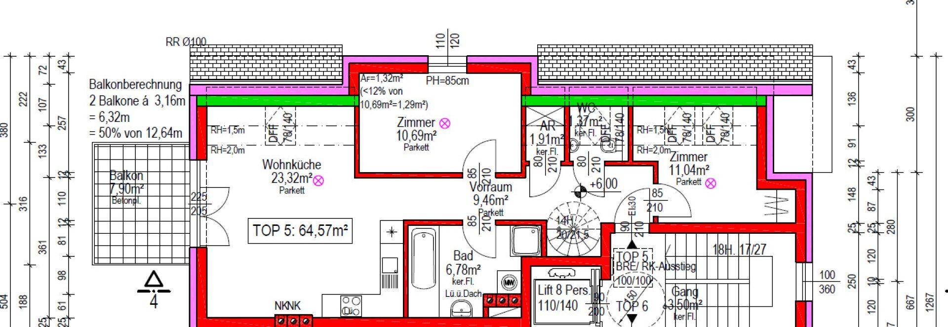 Grundriss einer Wohnung mit Wohnküche, zwei Balkonen, Bad, Gäste-WC und Aufzugzugang.