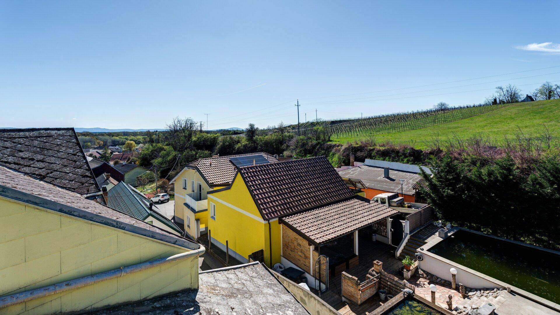 Luftaufnahme des Wohnhauses mit umliegenden Gebäuden und Weinbergen.