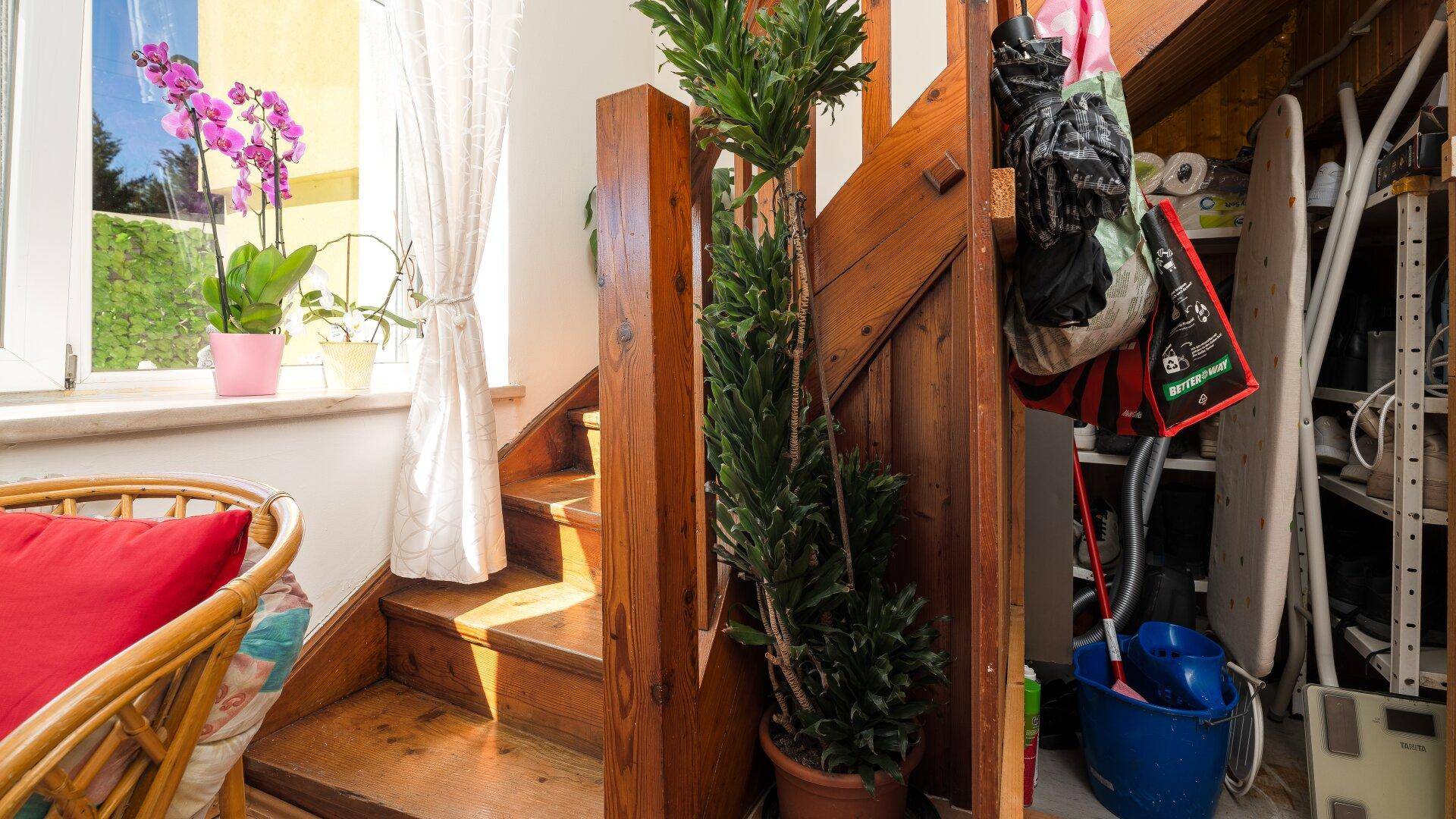 Holztreppe mit Stauraum darunter und Blick auf ein Fenster mit Pflanzen.