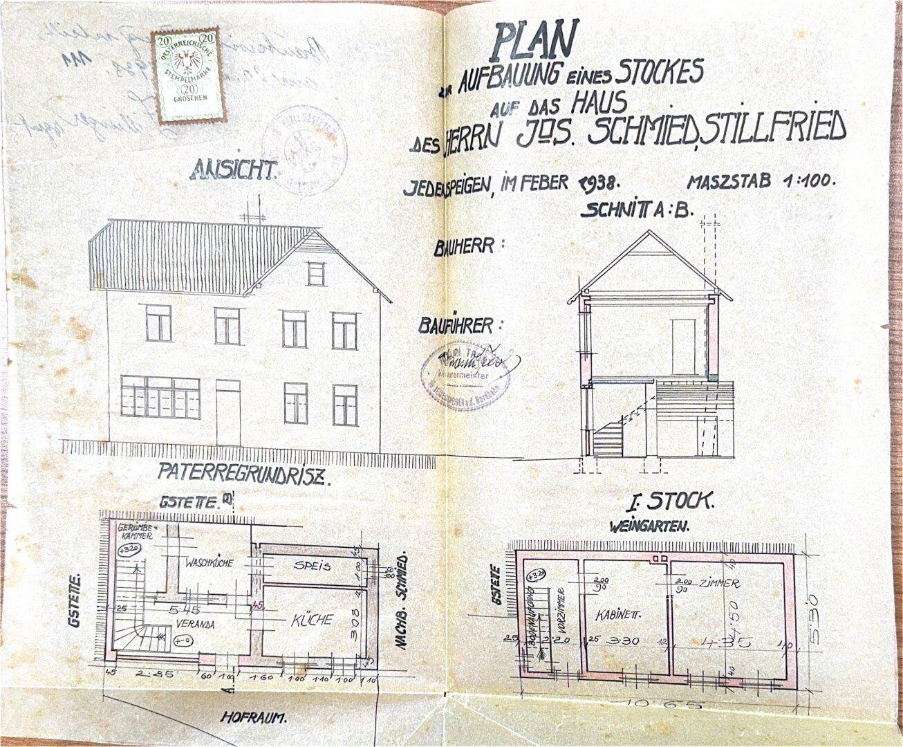 Historischer Bauplan von 1938 zeigt die Ansicht und Grundrisse des Hauses.