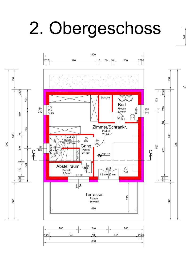 Grundriss des zweiten Obergeschosses mit großem Zimmer, Bad und Terrasse.