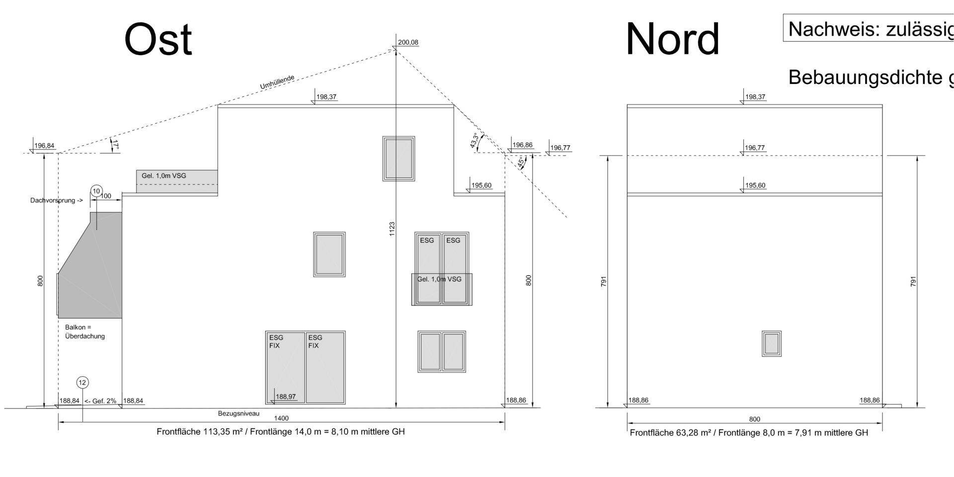 Architektonische Ansichten der Ost- und Nordfassade des Gebäudes mit Fensterdetails.