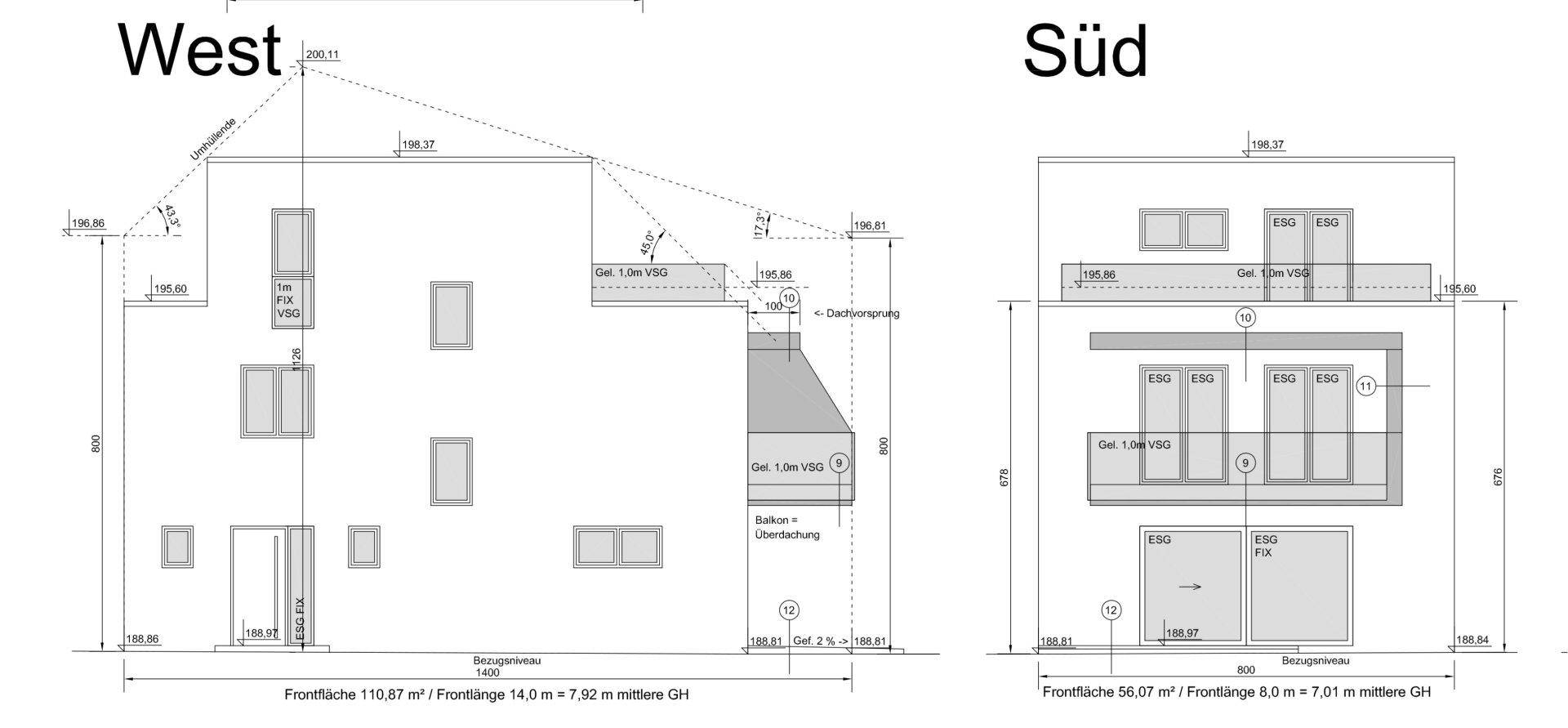 Architektonische Ansichten der West- und Südfassade des Gebäudes mit Balkon und Fenstern.