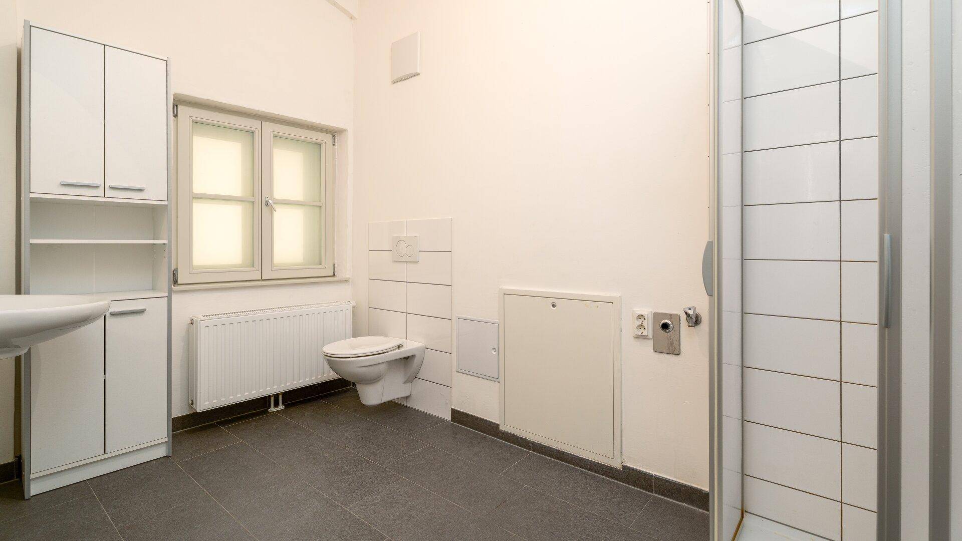 Modernes Badezimmer mit Dusche, WC, Waschbecken und Fenster, ausgestattet mit dunklen Fliesen.