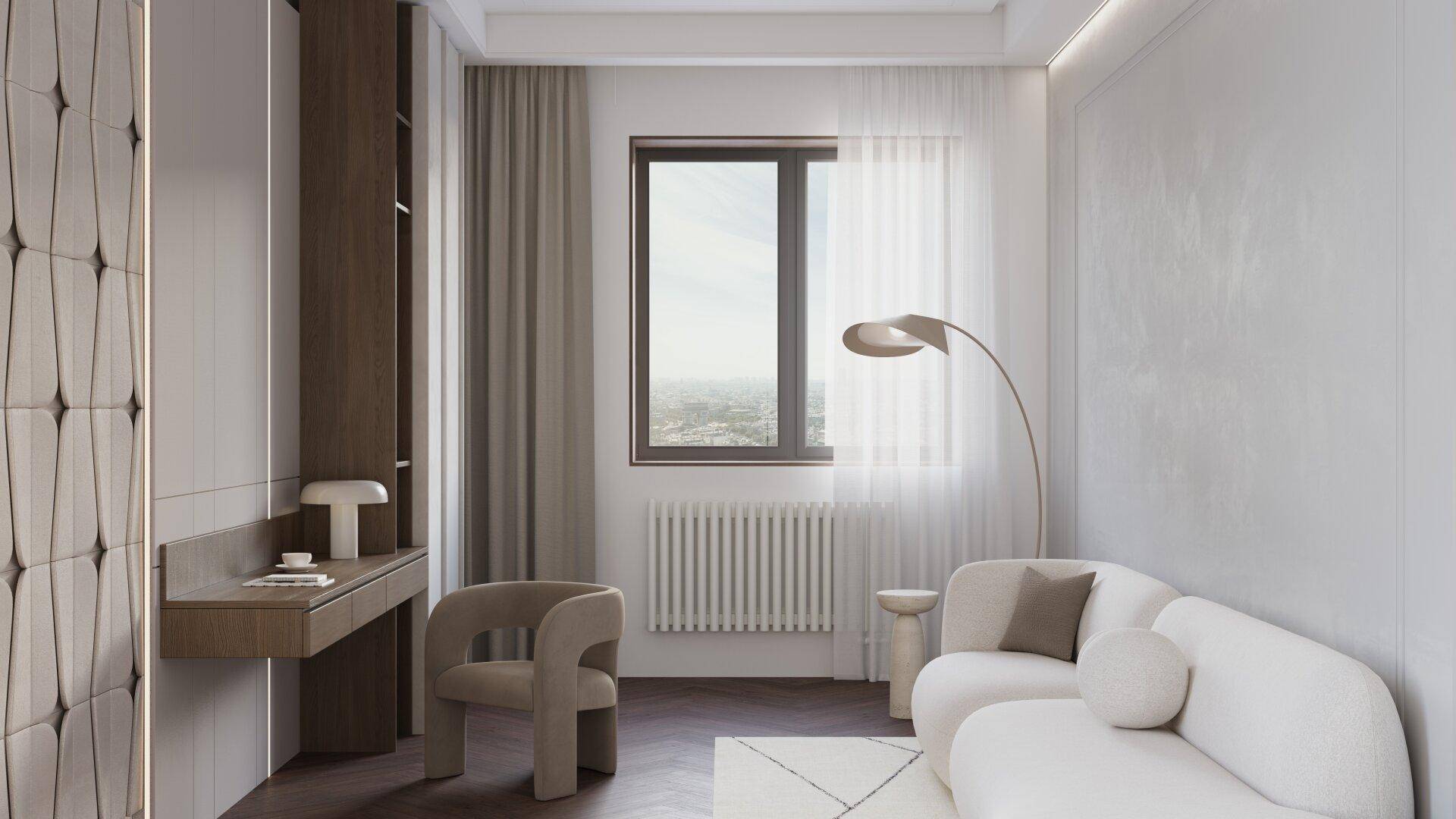Helles Wohnzimmer mit modernem Sofa, Schreibtisch und großem Fenster für viel Tageslicht.