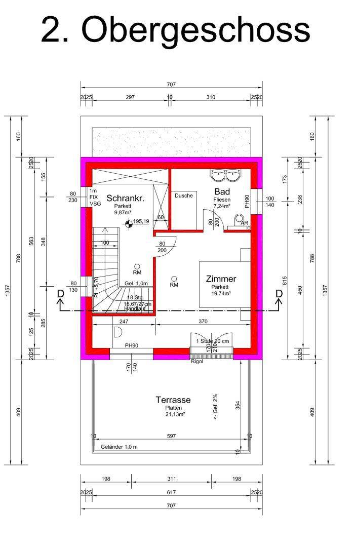 Grundriss des zweiten Obergeschosses mit Schlafzimmer, Bad und großer Dachterrasse.