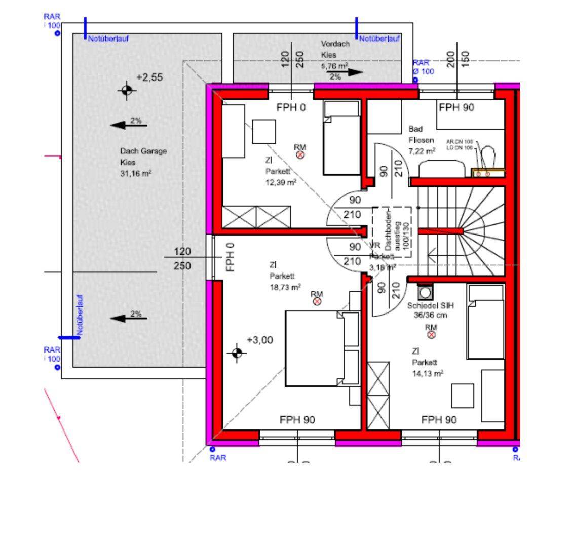Grundriss des Obergeschosses mit Schlafzimmern, Bad und Dachterrasse über der Garage.