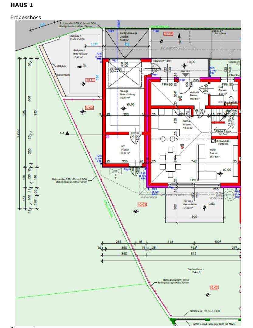 Grundriss des Erdgeschosses mit Wohnbereich, Küche, Garage und Terrasse.