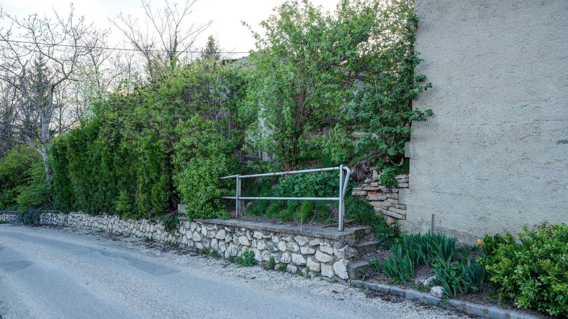 Straßenansicht des Grundstücks mit Natursteinmauer, Treppe mit Geländer und dichter Heckenbepflanzung.