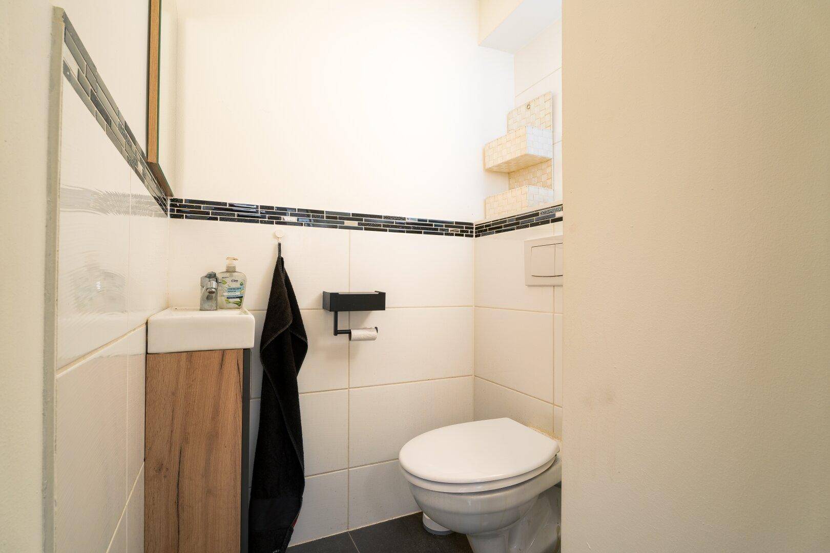 Eine kleine Gästetoilette mit einem kompakten Waschbecken und einer wandhängenden Toilette.