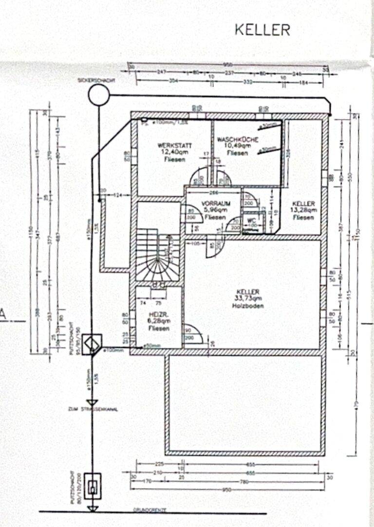 Grundriss des Kellers mit Werkstatt, Waschküche, Heizraum und weiteren Kellerräumen.