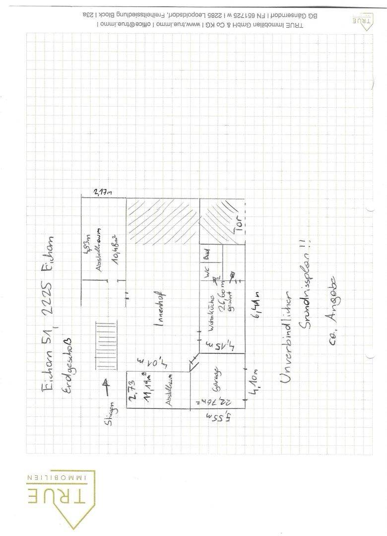 Unverbindlicher Grundriss des Erdgeschosses mit Garage, Abstellraum, WC und Innenhof.