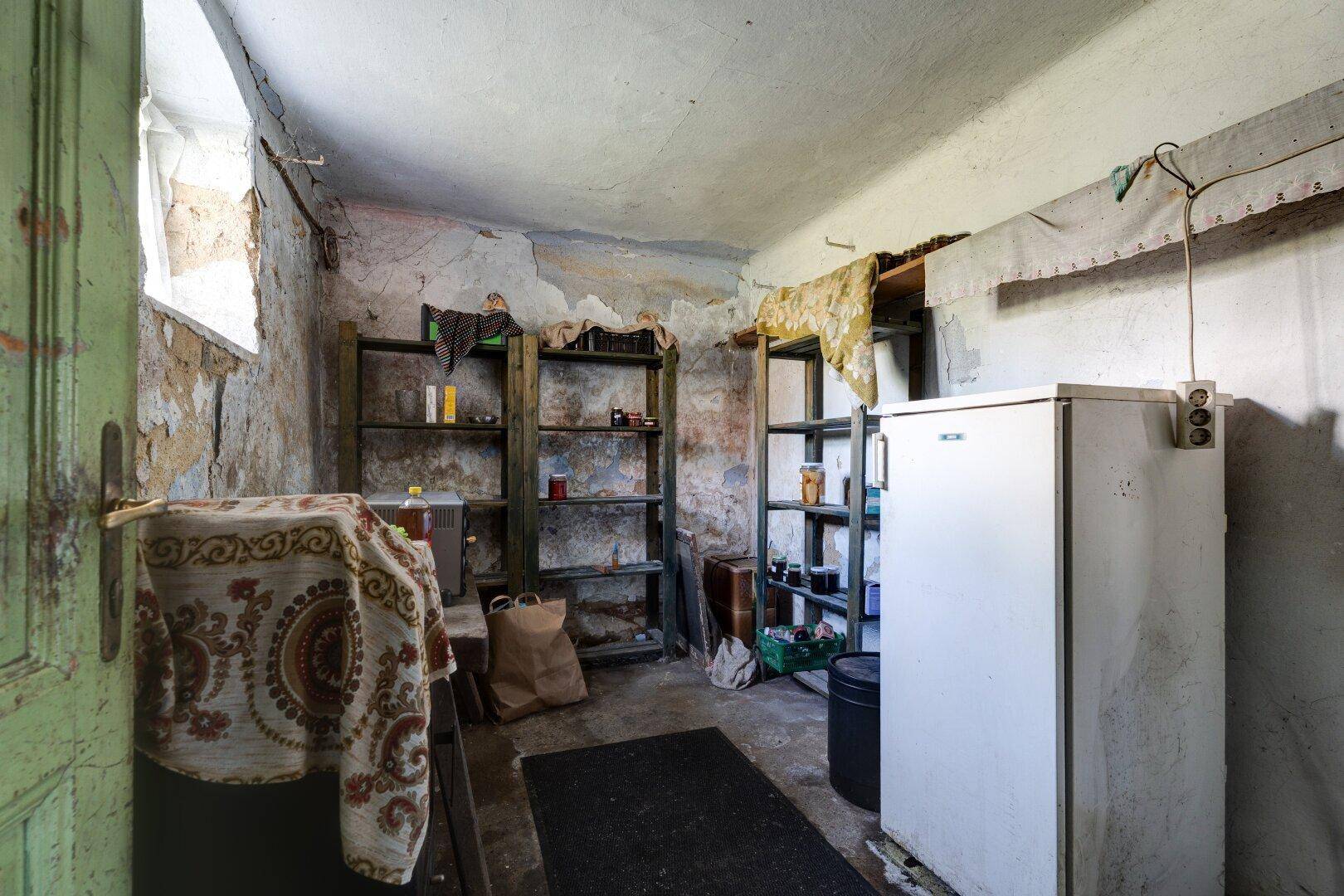 Einfacher Abstellraum oder Keller mit Regalen, einem Kühlschrank und abblätternden Wänden.