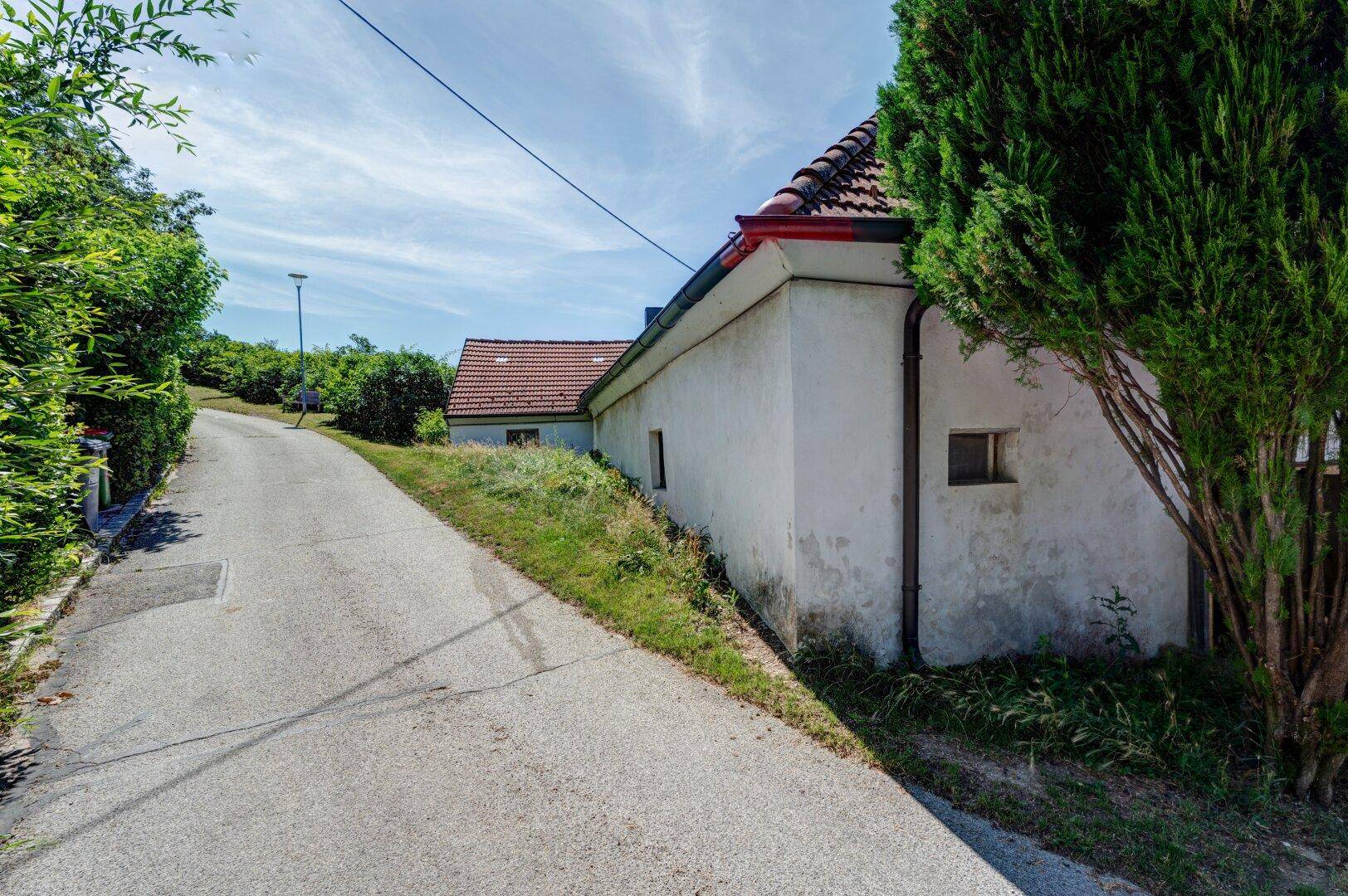 Seitenansicht des Hauses mit einer ansteigenden Straße und grüner Vegetation im Vordergrund.