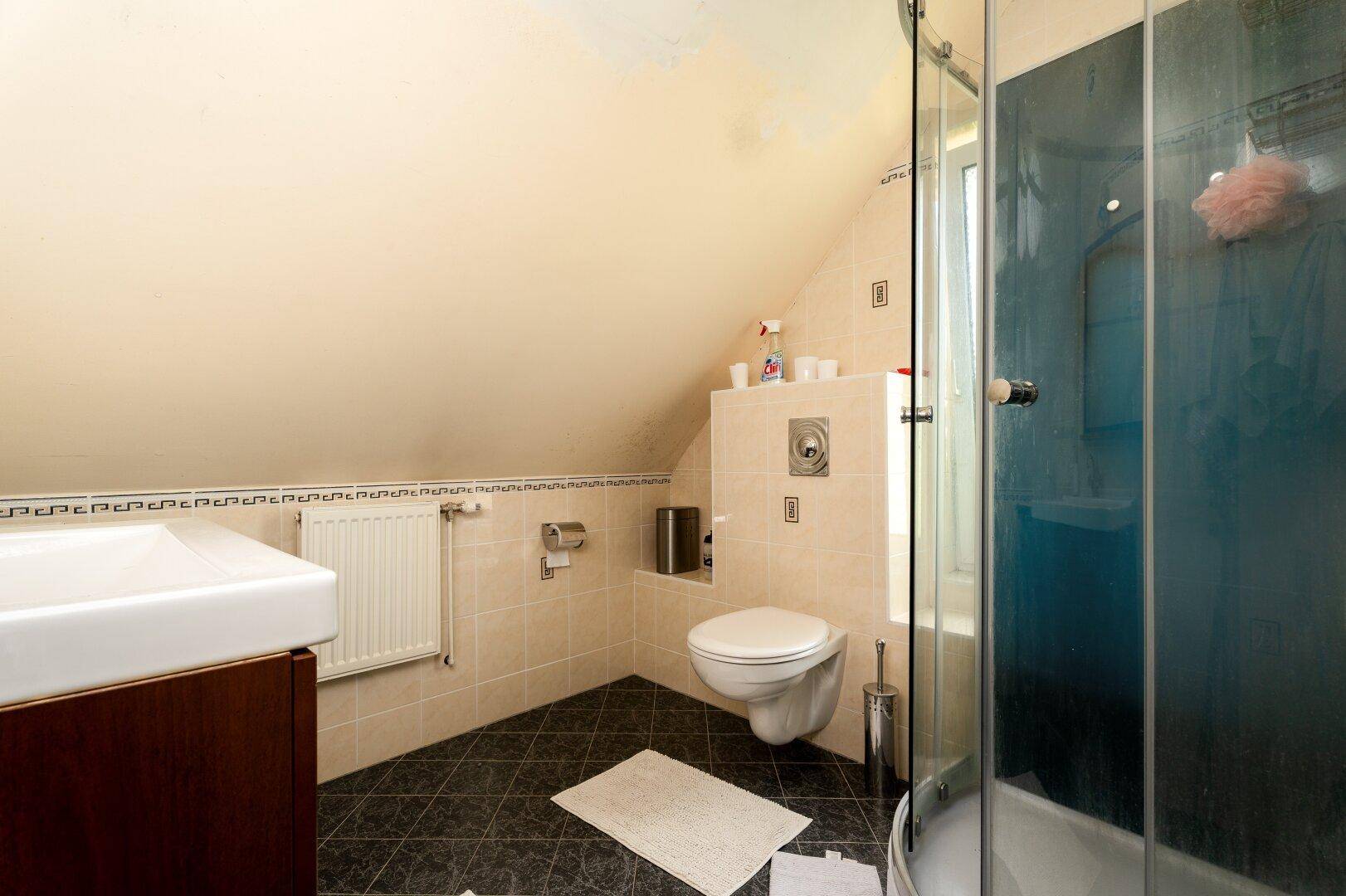 Badezimmer im Dachgeschoss mit Dusche, WC und Waschbecken unter der Dachschräge.