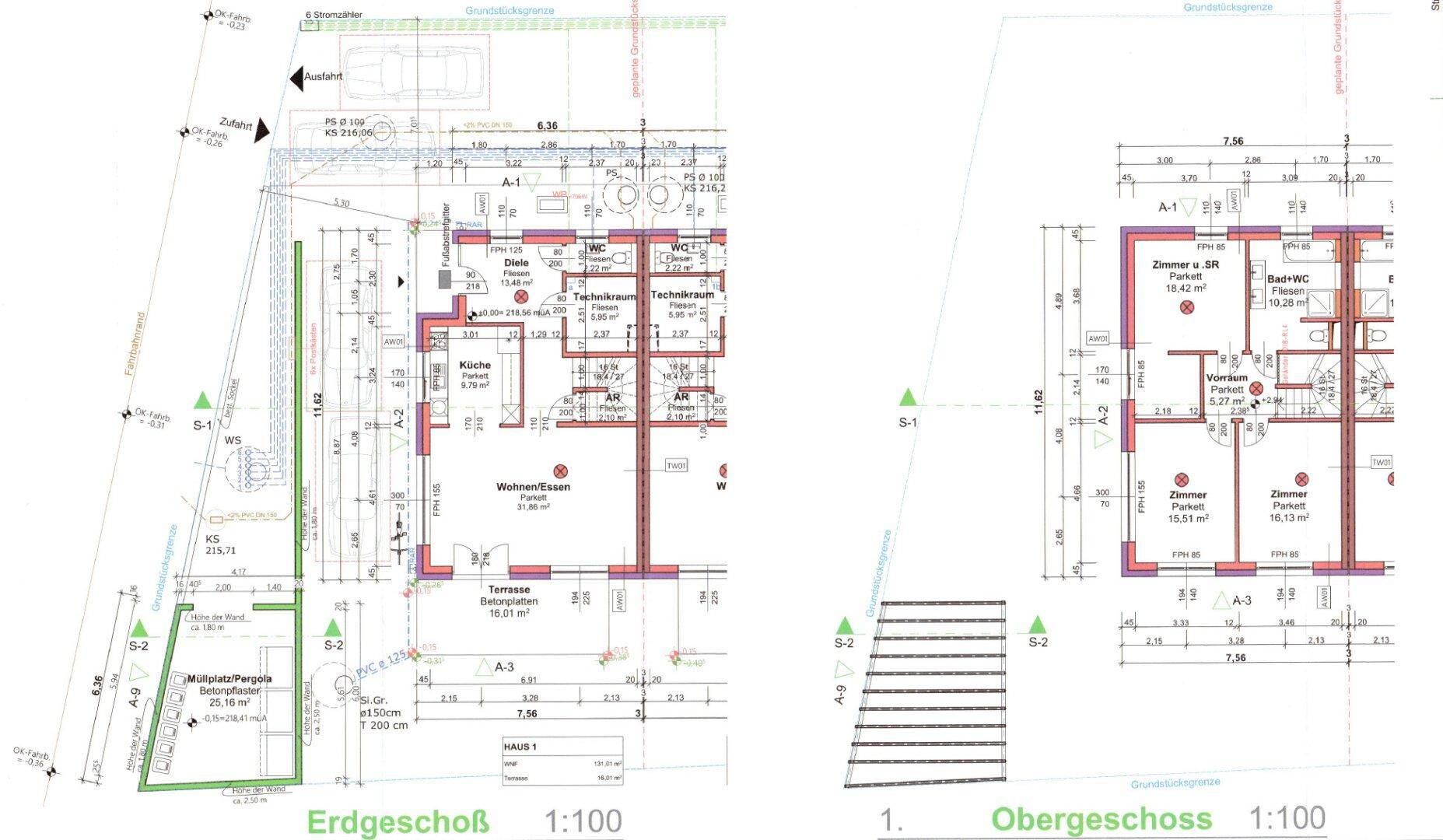 Grundriss des Erd- und Obergeschosses mit Wohn-Essbereich, Terrasse und Balkon.