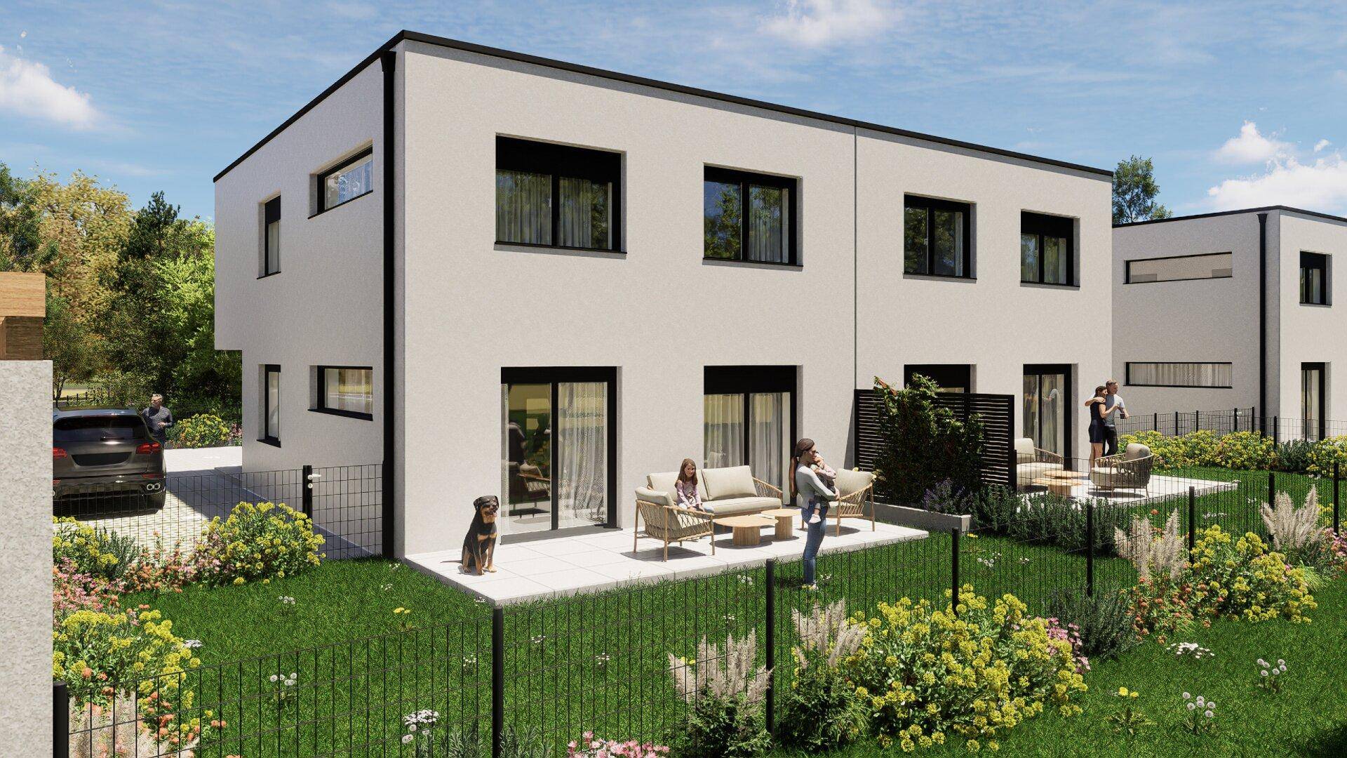 Moderne Doppelhaushälfte mit großem Garten, Terrasse und viel Grünfläche.