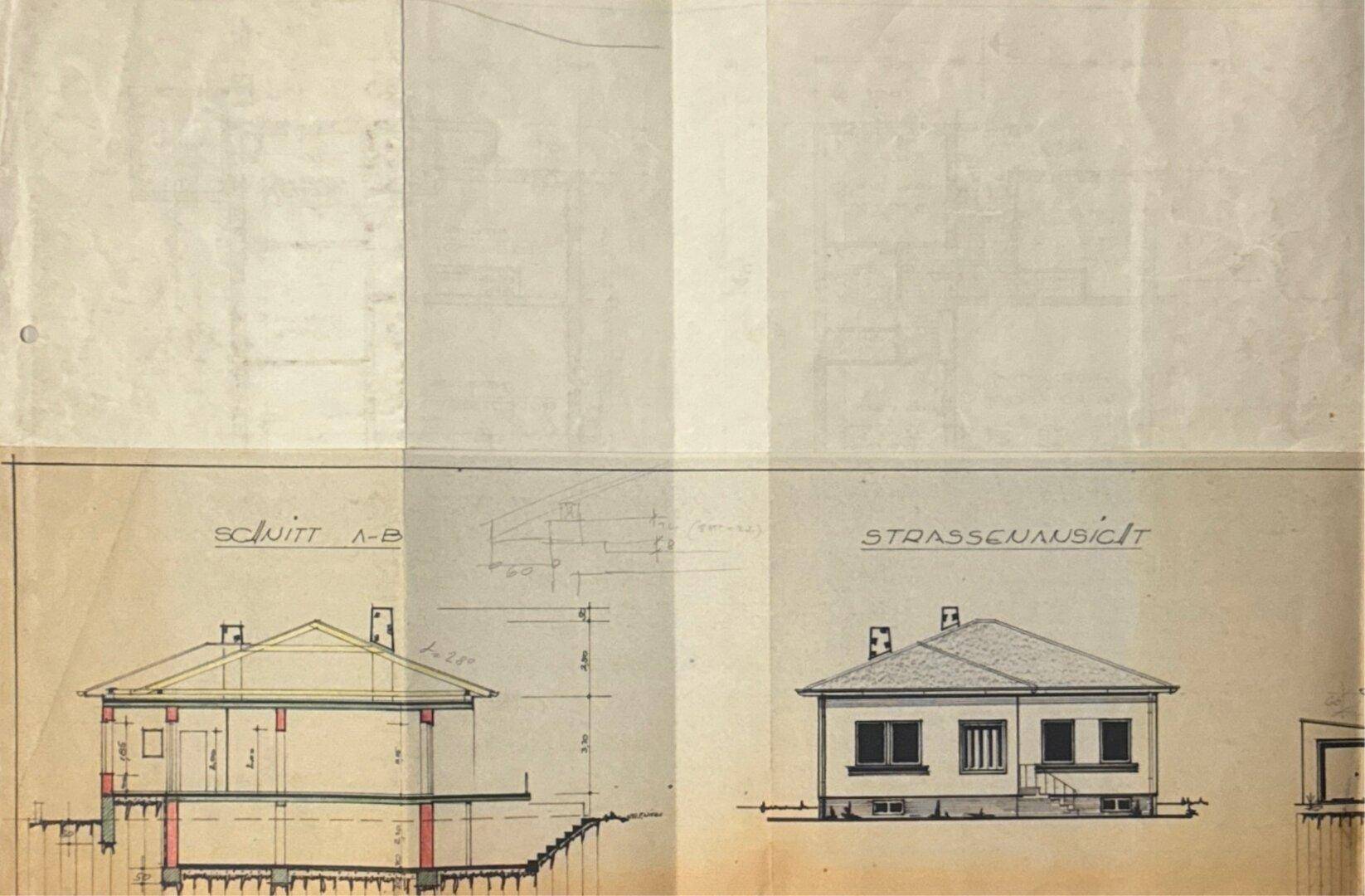 Architektonische Zeichnung mit einem Gebäudeschnitt und der Ansicht von der Straßenseite.