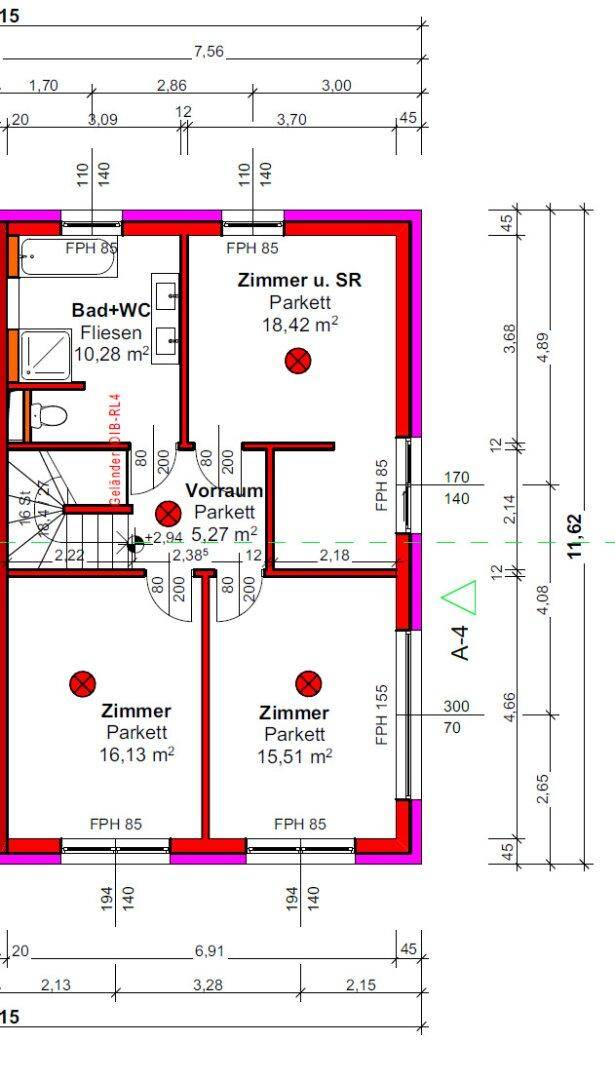 Grundriss des Obergeschosses mit drei Schlafzimmern und einem Badezimmer.